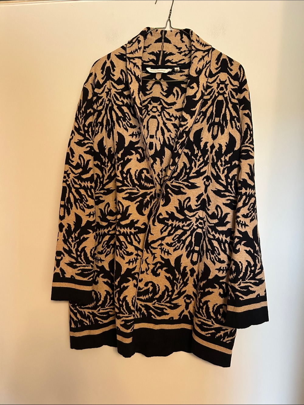 Soft Surroundings black/brown print 100% cotton  sweater open front size M